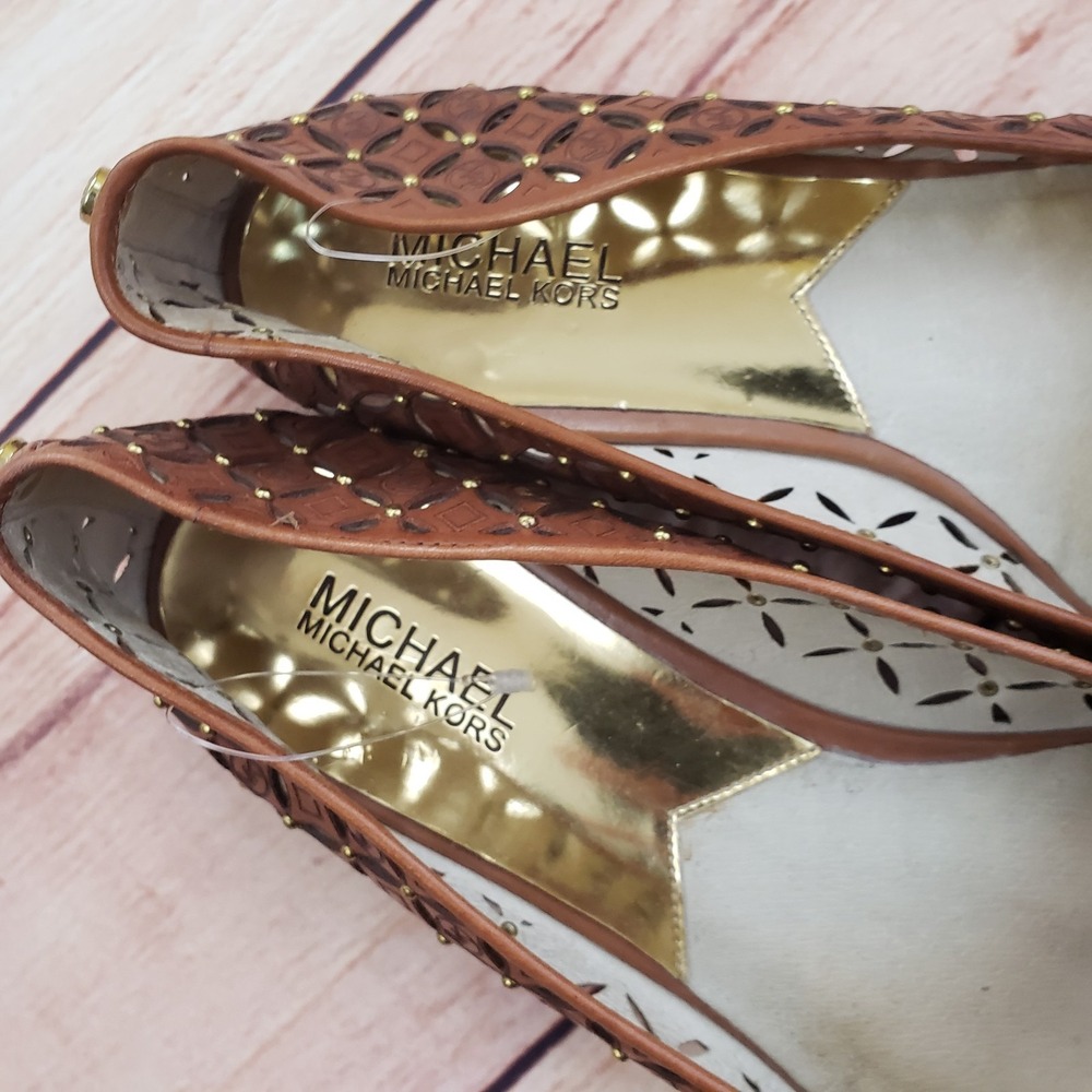 Michael Kors Shoes Womens Size 9M Brown Laser Cut Studded Flats Leather MK Logo - Picture 3 of 9